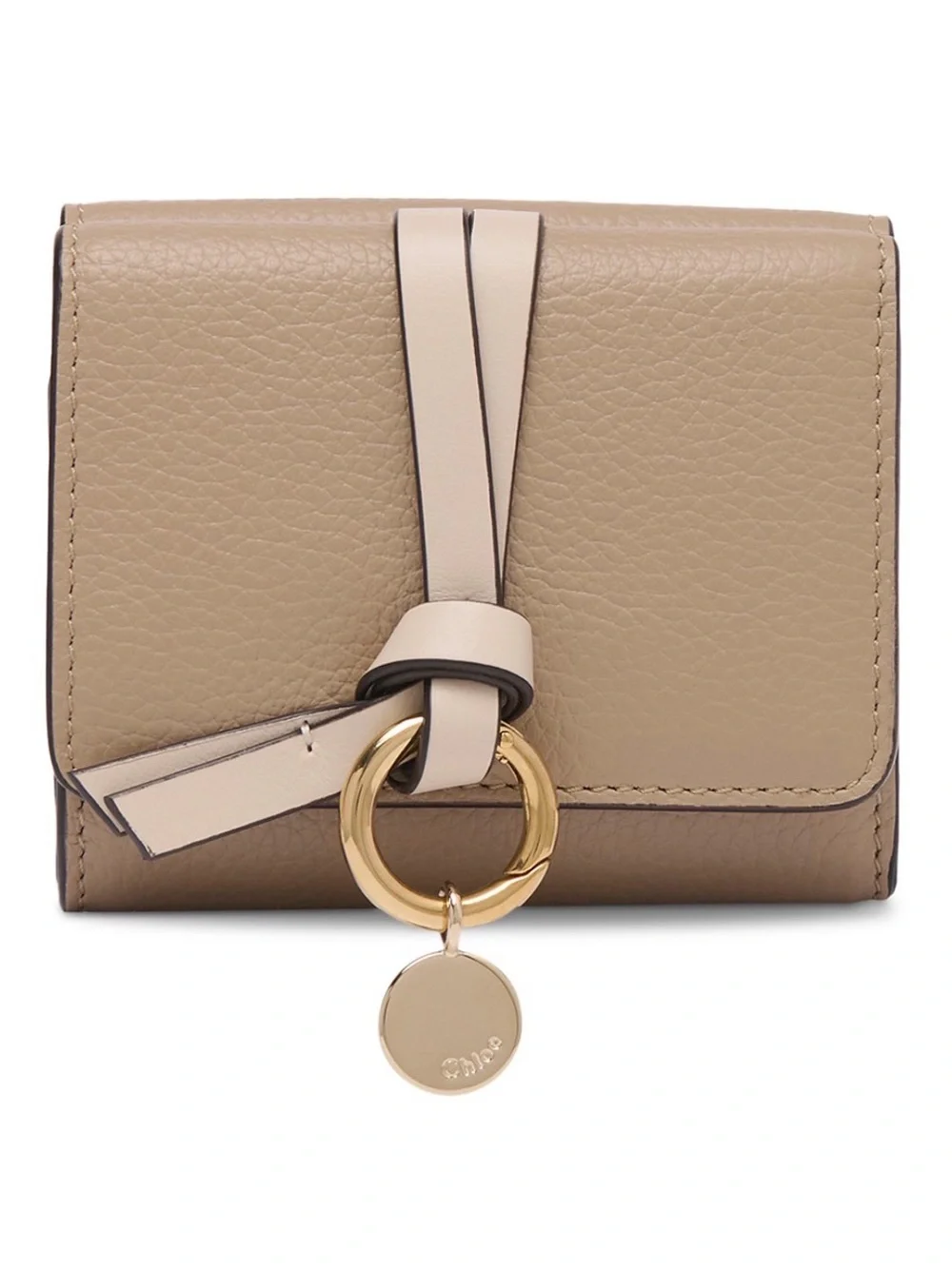 Chloé Taupe Leather Card Holder with Gold Ring Charm